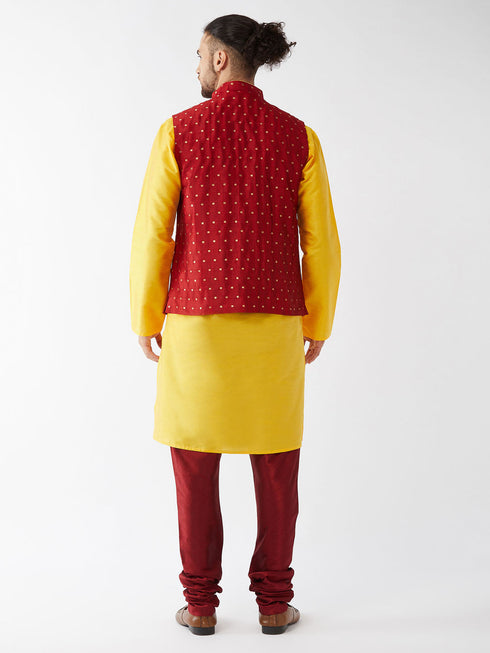 Vastramay Men's  Maroon Zari Weaved Jacket With Kurta Pyjama Set